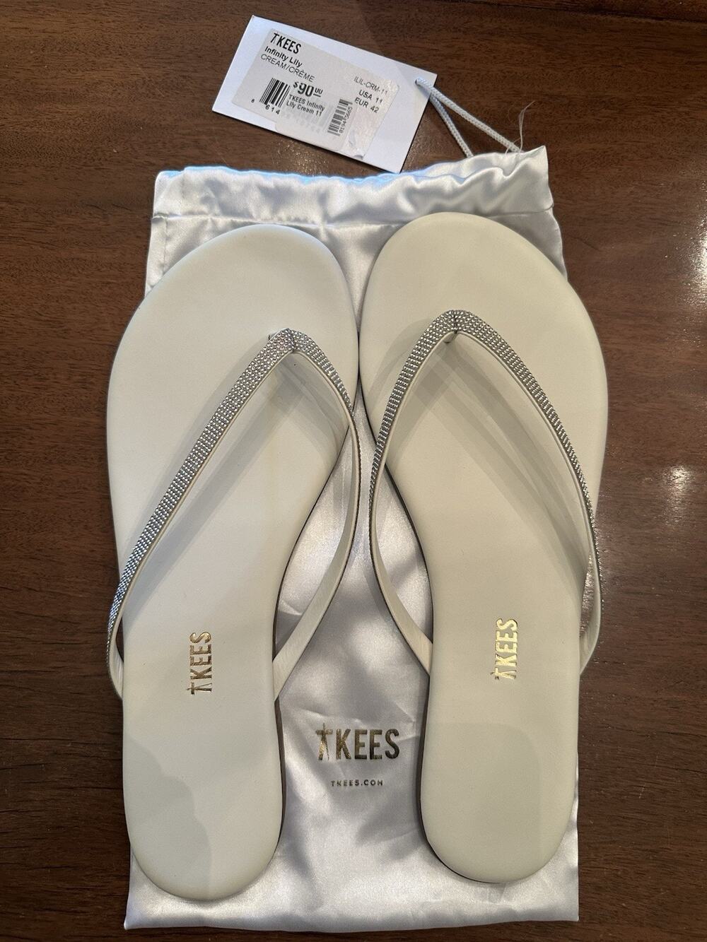 Tkees Size 11 White and Silver Beaded Flip Flops